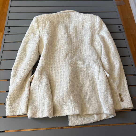 Zara Tweed Blazer Jacket Womens XS Ivory Long Sleeve Notch Lapel Double Breasted - Picture 3 of 9